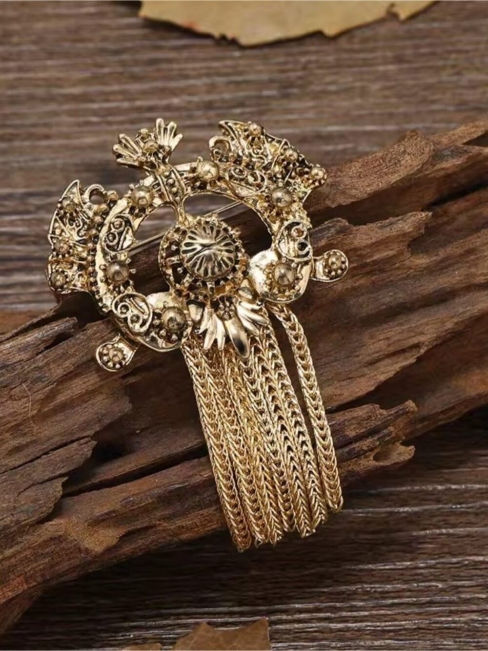 Ornate Gold Filigree Tassel Brooch Pin